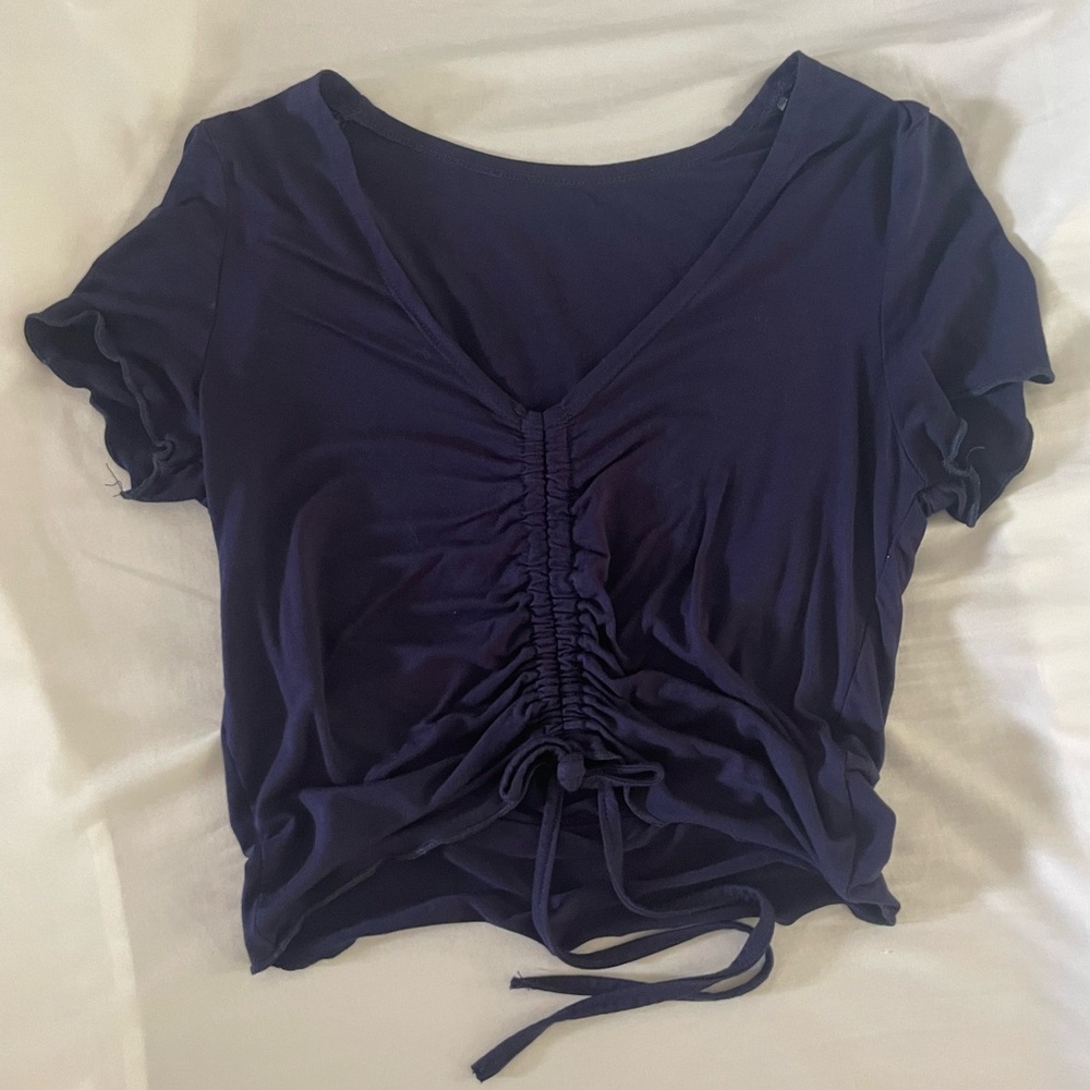 Women’s Navy Royal Blue Top  Short Sleeve Cropped Front Tie String Encore Cinch